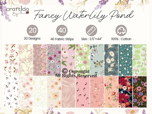 Craftido-20 Options-100% Cotton Jelly Roll Fabric Precut Strips for Quilting, Crafting, and Sewing, 40 Strips 2.5" x 44" Assorted Bundles for Rug, Quilt, DIY Craft and Home Decor-Fancy Waterlily Pond - color: Fancy Waterlily Pond