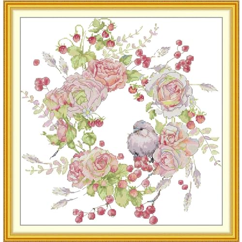 ITSTITCH Stamped Cross Stitch Kits - Full Set of Embroidery for Beginners or Adults,14 CT 2 Strands DIY Birdie Rose Wreath Patterns Counted Arts Craft 15.3×15.7 inch - color: Birdie Rose Wreath