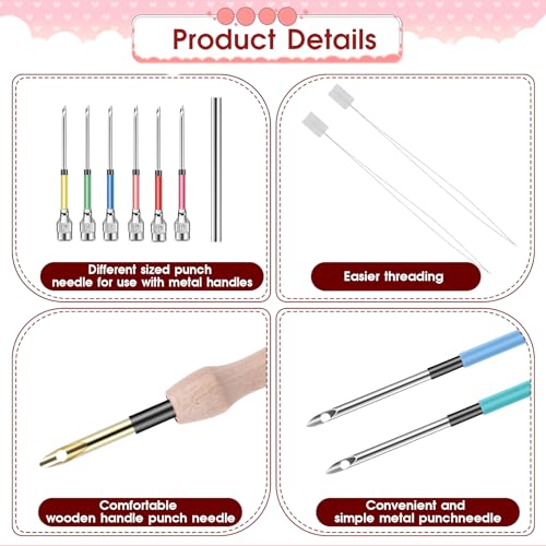 12 Pcs Punch Needle Kit, Embroidery Punch Needle Tool Wooden Handle Embroidery Tool Punch Needle Threader Set for Adults Beginner Yarn Floss Cross Stitching