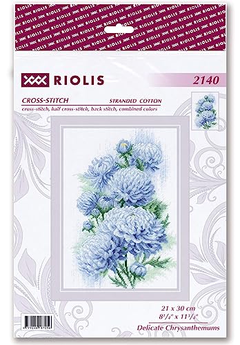 RIOLIS - Delicate Chrysanthemums 2140, Cross Stitch Kits 8¼" x 11¾", Cross Stitch Kits for Adults, Floral Counted Cross Stitch Kits, Embroidery Kit for Beginners & Advanced, Crossstitching Kits