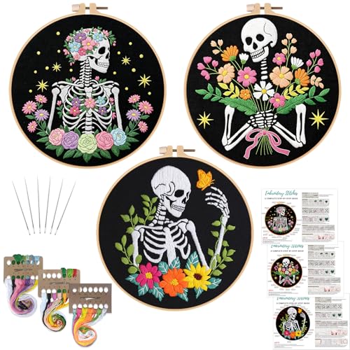 Louise Maelys 3 Pack Embroidery Kit for Beginners Floral Halloween DIY - color: Floral Skeleton