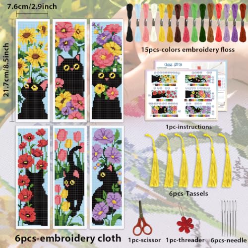 ACRNIGHEET 6PCS Cross Stitch Bookmark Kit for Beginner Stamped Cross Stitch Kits for Adults Cat & Floral DIY Tassel Embroidery Bookmark Kits Needlepoint Kit with Instructions Craft Gift 8.5''x3'' 11CT - style: Black Cat Floral with Tassel