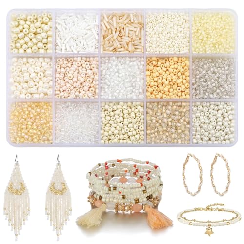 15 Color Glass Seed Tube Bugle Beads Bracelet Jewelry Making Kit,White - color: Off-white