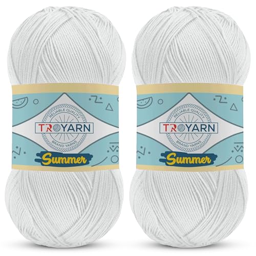 TROYARN Summer (2- Skeins Pack) Silk Effect Hand Knitting Yarn Crochet Art Lace Craft 100% Microfiber Acrylic 2x100 gr (2x383 yds) (1051055 - Sugar White) - color: 1051055 - Sugar White, size: 2 Skein