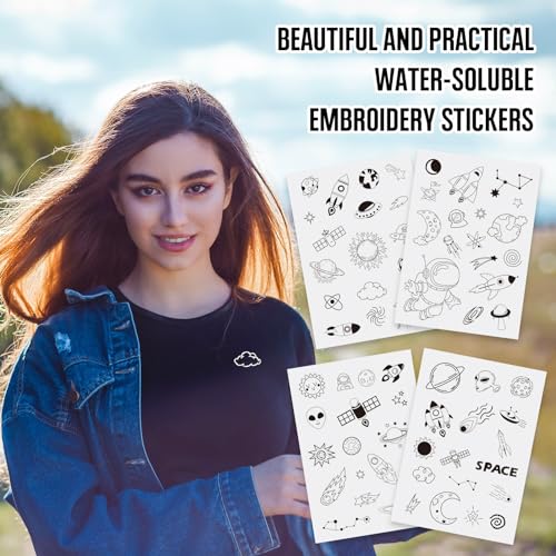 Magibeads 68 Patterns Space Theme Water Soluble Embroidery Patterns Rocket Planets Astronauts Stick and Stitch Transfer Embroidery Paper for Adult Beginners Hand Sewing Starter Kit - color: Space