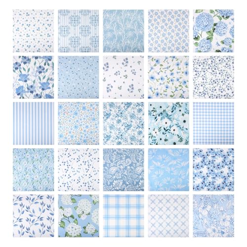 25 Pcs Blue Quilting Fabric Squares 10 x 10 Inch Cotton Precut - color: Blue Floral