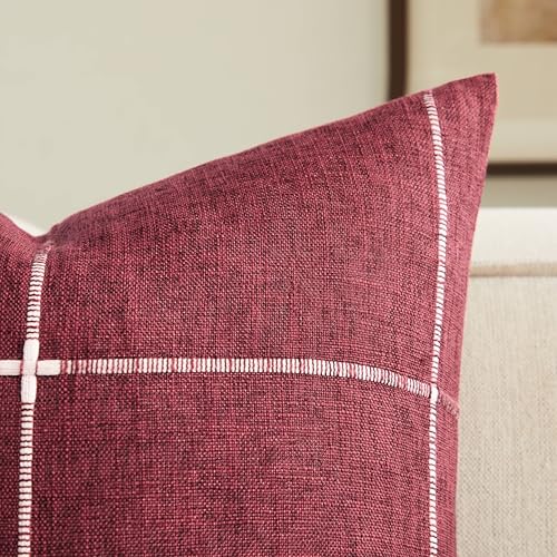 2 Packs Grid Embroidery Throw Pillow Covers 16x16in Burgundy - color: Burgundy, size: 16" x 16" (Pack of 2)