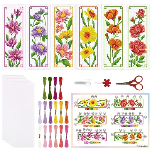 ORIGACH 6 Set Floral Magnolia Rose Cross Stitch Bookmark Kit for Beginner - style: Floral