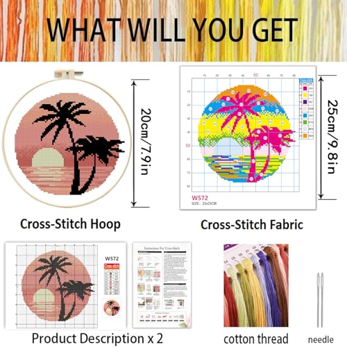 TCDZMYGS Stamped Cross Stitch Kits for Beginners-Sunset Scenery,with Hoop - color: Seascape-2603