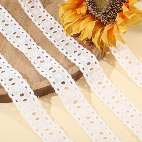 CHGCRAFT 16 Yards White Cotton Eyelet Lace Embroidery Ribbon Edge Floral Cotton Lace Ribbon Embroidery Lace Trim DIY Accessories for Sewing Clothes, 0.75 Inch Wide - size: 0.75 inch