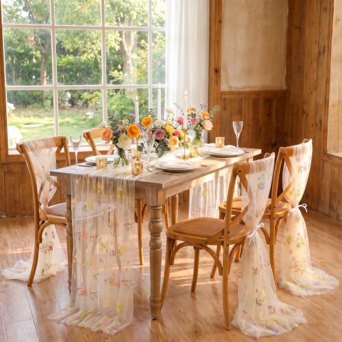QueenDream Beige Apricot Floral Table Runner 10FT Spring with Embroidery Tulle Wildflower - color: Beige Apricot, size: 27"x120", 3 Pcs
