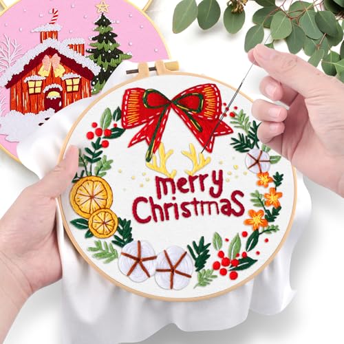 ERKOON 5 Sets Embroidery Kit for Beginners, Christmas Cross Stitch Set with Easy Pattern Embroidery Cloth Hoops Threads for Craft Lover Hand Stitch - color: 5pcs Christmas