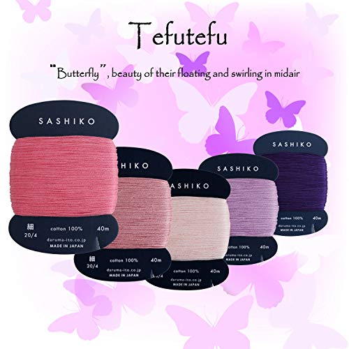 DARUMA Sashiko Thread 100% Cotton Card Type (43.7 yd) x 5 Colors with English Manual, Sewing & Embroidery Value Set with Gift Package(Thin, Tefutefu) - color: Tefutefu, size: Thin