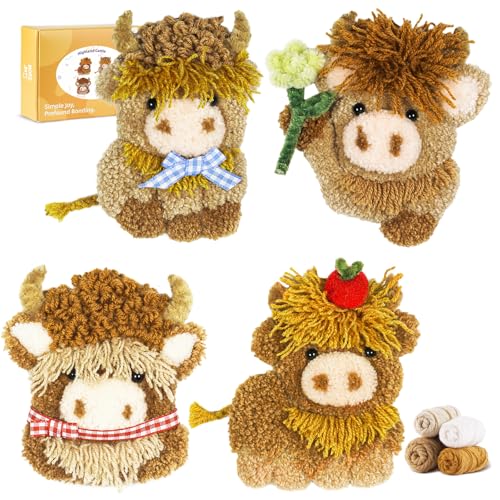 Punch Needle kit-4,Embroidery kit for Beginners,Punch Needle Kits Adults Beginner,Needles, Curved Scissors, a Tool Storage Box, Yarn, Easy-to-Follow Instructions, and Tutorial Videos(4 Highland Cow) - color: Highland Cow