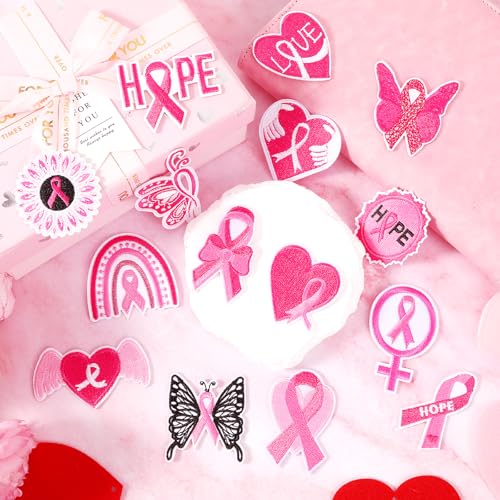AUGSUN 36Pcs Breast Cancer Awareness Iron on Patches Pink Ribbon Applique - style: Breast Cancer Awareness