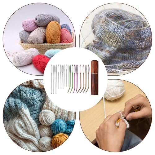 17pcs Large Eye Sewing Needles Kit, Stainless Steel Large-Eye Blunt & Bent Tapestry Darning Needle Sharp Tapestry Hand Yarn Knitting Embroidery Needles Supplies with Wooden Case for Crochet Projects