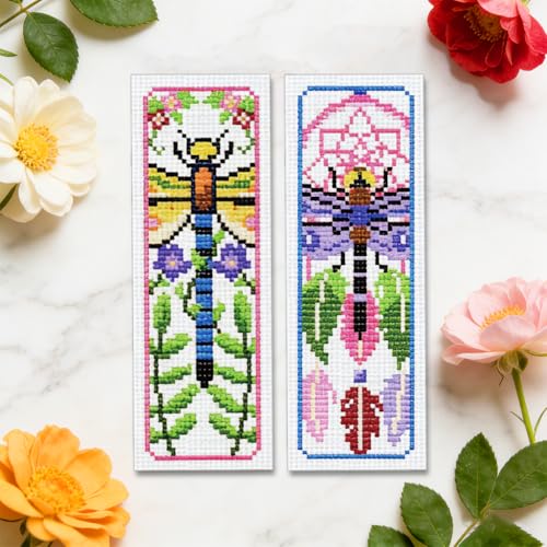 ORIGACH 6 Set Dragonfly & Flower Cross Stitch Bookmark Kit for Beginner - style: Dragonfly & Flower