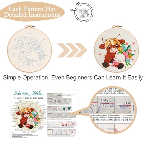 Nuberlic 3 Pack Embroidery Kit for Beginners, Highland Cow Embroidery Kits - color: Highland Cow