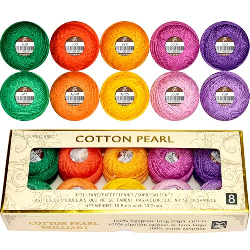 Double Mercerized Egyptian Long Staple Cotton Pearl Thread Ball 10 Grams Rainbow Color Embroidery Thread 10 Colors per Box for Crochet Hardanger Cross Stitch Hand Embroidery,Rainbow Light Color - color: red&green