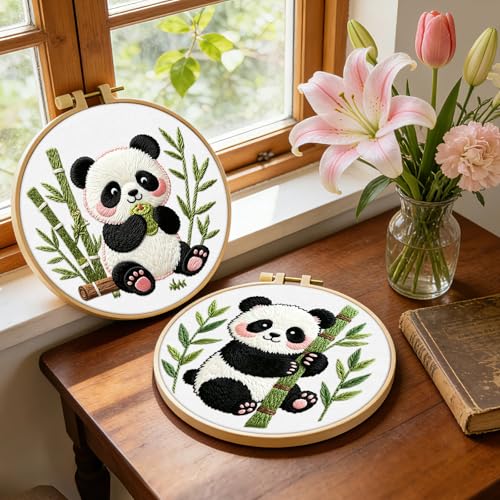 ERKOON Embroidery Kit for Beginners, 2 Set Flower Cross Stitch Set Include Embroidery Cloth Hoops Threads for Craft Lover Hand Stitch with Embroidery Skill Techniques (Panda) - color: Panda