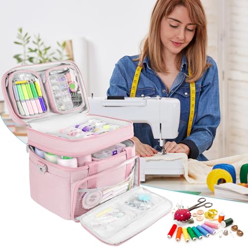 Double-Layer Sewing Organizer Bag with Detachable Pockets, Pink - color: Pink