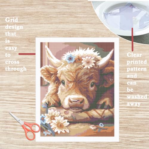 FREEBLOSS Cross Stitch Kit Highland Cattle Stamped Cross Stitch Kit Cross Stitch Wall Hanging for Adults with Instructions Pure Cotton Cloth Cross Stitch for Beginnrs 15.7 * 19.7'' No Frame