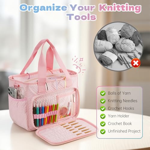 Dadanism Crochet Bag Organizer, Yarn Bag with Handle & Shoulder Strap - color: Pink