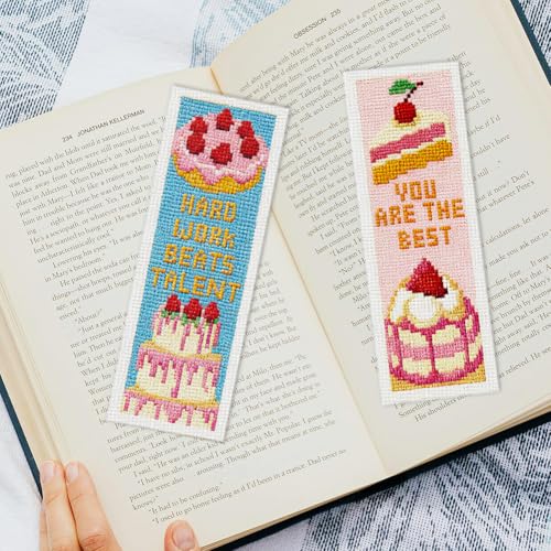 INFUNLY 6PCS Fruit Cake Cross Stitch Bookmark Kit for Adult 3×8.5inch DIY Inspirational Word Embroidery Bookmark Set with Instruction Birthday Cake Counted Cross Stitch Kit for Student Book Lover - style: Fruit Cake