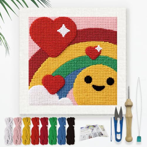 DOODLREAM Cute Rainbow Needle Kit for Beginner, 9.4"x 9.4" Red Heart Punch Stitching Craft Set, DIY Embroidery Starter with Printed Frame, Instruction, Threader, Yarn, Pinch Needle - color: Rainbow