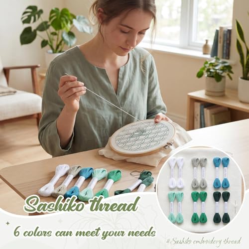 Zeyune 12 Pcs Sashiko Thread Kit with Needles, Green, 100% Cotton 20m Each - color: Green
