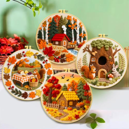 FEIYUENO 4 Pack Fall Pattern Embroidery Kit for Adults Beginner, Autumn - color: Autumn