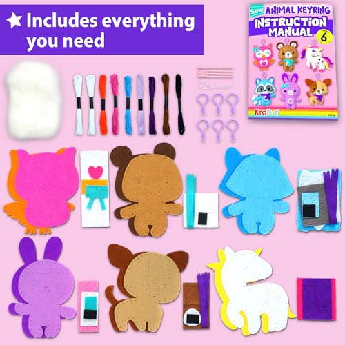 KRAFUN Unicorn Animal Sewing Keyring Kit for Kids Ages 7-12 | 6 Dolls - color: Animal Keyring