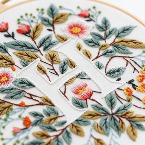 Zerzsy 7.87 '' Embroidery Kits Plant Flower Leaf English Letter Patterns for Beginners Adults, Easy to Learn Cross Stitch Kit for Home Office Decor - color: Letter H
