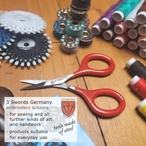 3 Swords Germany - Embroidery Scissors, Shears for Art Work, Daily Use in Household, Sewing, Art Work, Craft with Synthetic Leather case - red/black - color: Red/Black