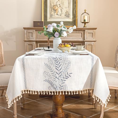 Alsoo Tablecloth Rectangle 55" x 75", Farmhouse Linen Style Table Cloth with Blue Fern Embroidery and Tassels, Heavy Weight Wrinkle & Spill Resistant Table Cover for Dining Kitchen (4-6 Seats) - color: Dusty Blue Ferns, size: 75" x 55" (Rectangular)