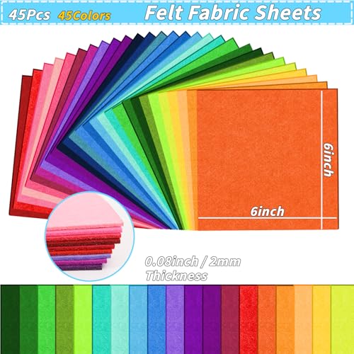 45 PCS Felt Fabric Sheets 6 x 6 Inch 2mm Craft Felt Sheets - size: 6x6in