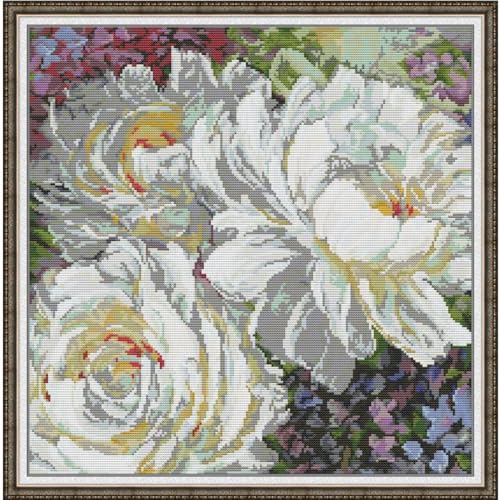 ITSTITCH Stamped Cross Stitch Kits - Full Set of Embroidery for Beginners or Adults,14 CT 2 Strands DIY White Rose Patterns Counted Arts Craft 16.5×17 inch - color: White Rose