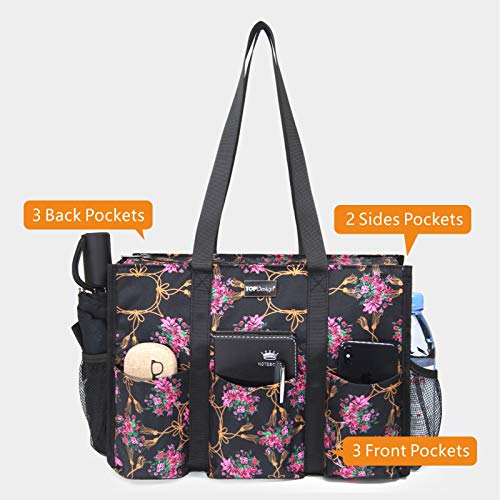 TOPDesign Utility Water Resistant Tote Bag with 13 Pockets, Zipper Closure - color: Baroque Cloves, size: Large