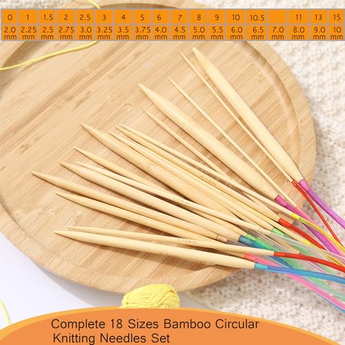 Mdoker 18 Pairs Bamboo Knitting Needles Set Circular Wooden Knitting Needles with Colorful Plastic Cable Size 2mm-10mm,Knitting Needle for DIY Craft(100cm/40inch) - size: 40inch