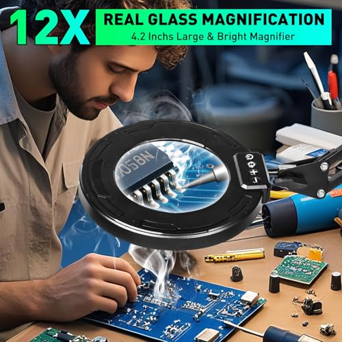12X Magnifying Glass with Light and Clamp - color: Gray, size: 12X