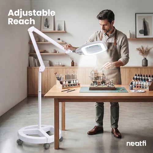 Neatfi LED Magnifying Floor Lamp | 1.75x + 4X (3D + 12D) Magnification | 12W Power | Dimmable 6500K Cool White | Adjustable Arm | Lamp for Reading, Crafts & Precision Work (White, 6.8 Inches) - color: White, size: 6.8 Inches