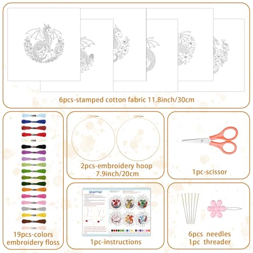BEUNITONE 6 Set Embroidery Kits for Beginners with Dragon Pre-Print Pattern - style: Dragon