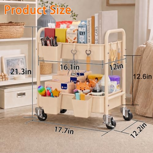 2 Tier Small Rolling Cart Metal with Wheels, 22 Inch Beige Under Desk Carts - color: Gentle‌ Beige, size: 2 Tier + Cups + Hooks