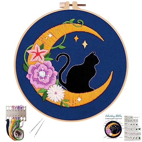 Louise Maelys Cat Moon Embroidery Kit for Beginners Floral DIY Craft Set - color: kit-18