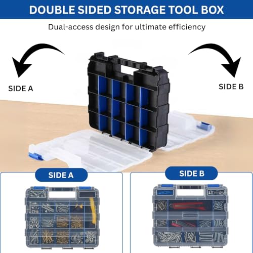 Andalus Tools Organizer Box, Small Parts Storage 34-Compartment Double-Sided Portable Hardware Organizer Removable Plastic Dividers for Screws, Nuts, Bolts, Nails – Blue (1 Pack, 12.5" x 10.5" x 3") - color: Blue, size: 1 Pack