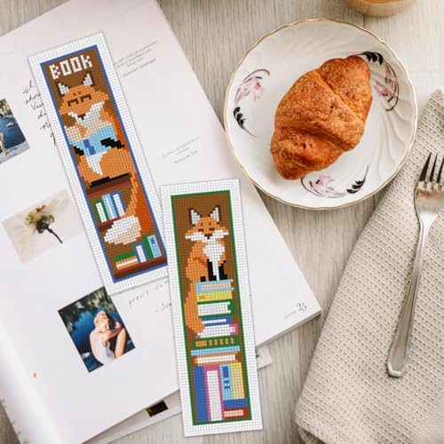 INFUNLY 6 Set Fox Reading Cross Stitch Bookmark Kit DIY Cross Stitch Kit 8"x2.4" Pre-Printed Books Stamped Embroidery Bookmark with Instructions for Beginners Book Lovers Gifts - style: Fox Reading