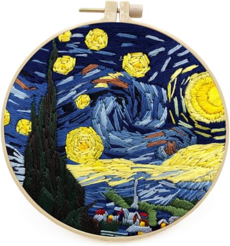 Meecaa Starry Sky Moon Embroidery Kit Starter Set, Hand Embroidery Set,Pattern Printed Cross Stitch Set for Beginner Adults, with Embroidery Hoop and Instructions (Starry Sky) - color: Starry Sky