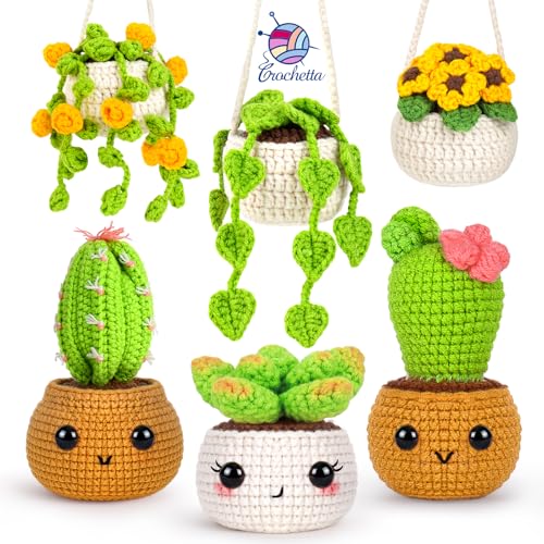 Crochetta Crochet Kit for Beginners, Crochet Starter Kits for Adults, Amigurumi Craft Knitting Crocheting Kits with Step-by-Step Video Tutorials, 6 Pc Hanging Potted Plants Family(40%+ Yarn - color: 6Plants