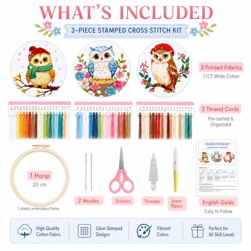 Zhenqing 3-Piece Owl Cross Stitch Kit Stamped Embroidery Kit 11CT Printed Aida Cloth 24x24cm DIY Needlework Set with Hoop, Thread, Needle & Tools Beginner Embroidery Kit for Home Wall Decor Gift