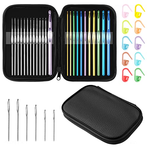 Tomorotec 41Pcs Multi-Color Metallic Crochet Hooks Set, Art Aluminum Knitting Needles for Yarn Craft Set with Sylish Storage Bag, Stitch Markers and Big Eye Needles (Black Bag) - color: Black Bag